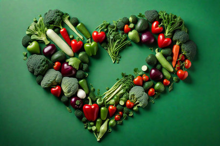 Heartshaped fresh veggies on a green backdrop. Happy vegan day.の素材