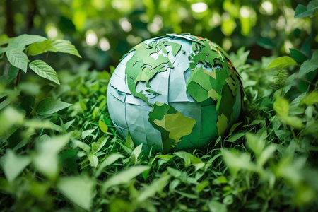 Globe made of paper on green grass background. Earth day conceptの素材