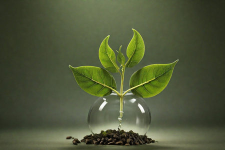 Green sprout in glass vase with coffee beans on dark background. Reducing carbon footprintの素材