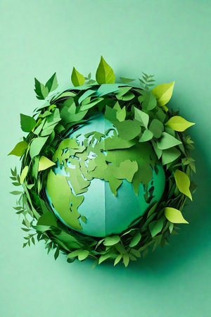 Ecology concept with globe made of green leaves on a green backgroundの素材