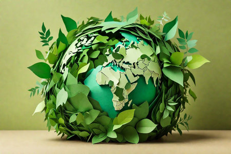 Paper globe made of green leaves on brown background. Eco concept.の素材