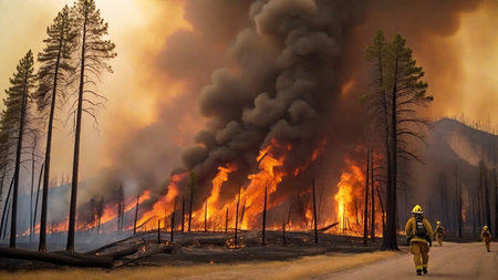 Firefighters extinguish a forest fire in the forest, natural disaster.の写真素材