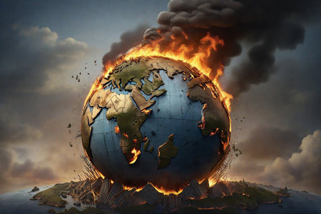 Extensive wildfires raging through national parks and forests. Firefighters fighting a large fire. Burning trees. Climate change, global warming, drought, natural disasterの写真素材