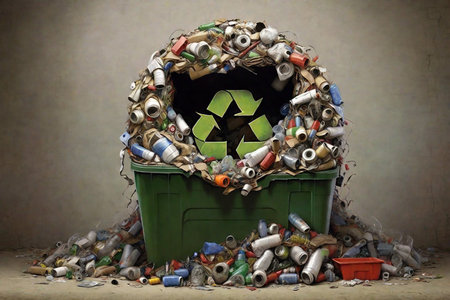 Recycling bin full of garbage, environmental pollution and environment conceptの素材