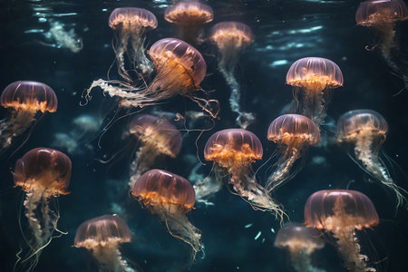Jellyfish swimming in the water. Jellyfish in the sea underwater, dark oceanの素材