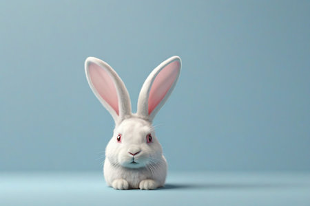 Cute white rabbit on blue background. Easter concept. Copy space.の素材