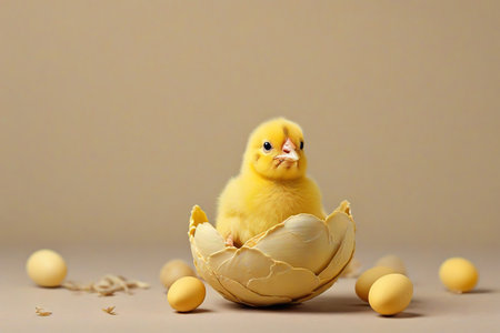 Easter yellow chicken in eggshell on beige background with copy spaceの素材