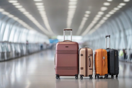 Luggage suitcases at the airport wide banner with copy space area for vacations and holiday travel conceptsの素材