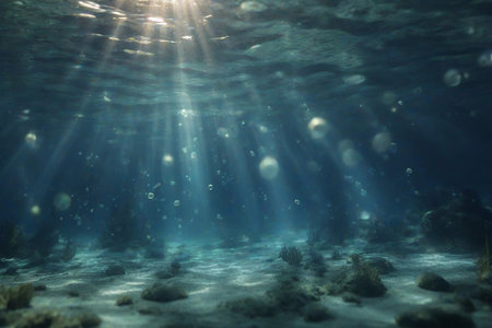 Underwater background with water bubbles and undersea light rays shineの素材