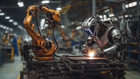 Robot welding automotive part in factory. Smart industry concept.の素材