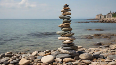 Stone tower on the seashore in summer in the setting rays of the sun. Stones Balance, Natural stones by the sea.の素材