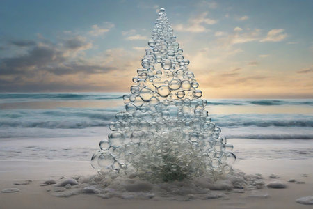 On a winter beach beneath a sky of abstract concept, a Christmas tree made of clear bubbles stands as a surreal reminder of the beauty and joy of the seasonの素材