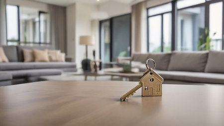 A key on the table in the living room of a newly built residence, mortgage, investment, rental, real estate market, property conceptの素材