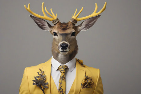 Fashionable deer in a suit yellow monochrome portraitの素材