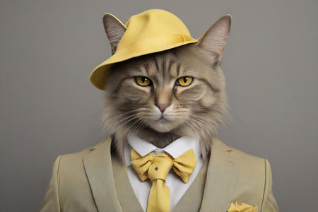 Fashionable cat in a suit yellow monochrome portraitortraitの素材
