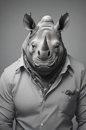 A cool looking rhinoceros is dressed in shirt gray monochrome portraitの素材