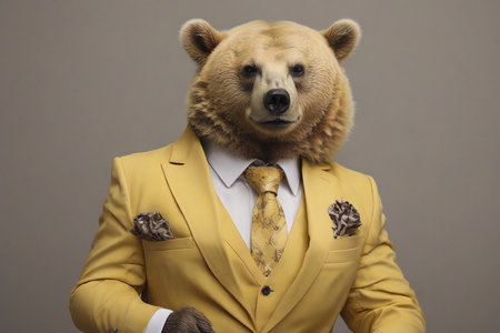 Fashionable portrait of a bear in a yellow suit and tie on a gray backgroundの素材