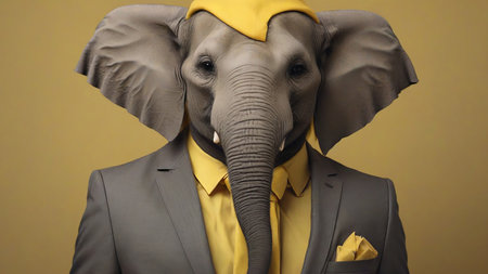 Fashionable portrait of an elephant in a suit on a yellow background.の素材