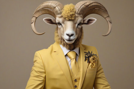 Fashionable portrait of a ram in a suit on a gray background.の素材