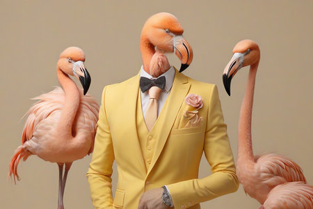Fashionable Flamingo in a yellow suit and bow tie on a gray backgroundの素材