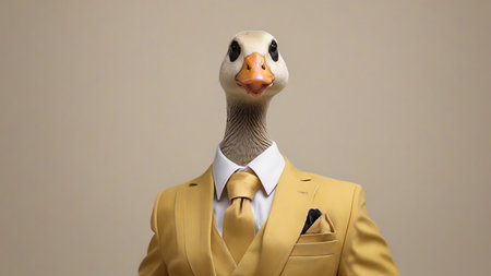 Fashionable goose in a yellow suit and bow tie on a gray backgroundの素材