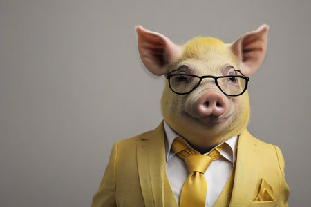 Fashionable portrait of a funny pig wearing a yellow suit and glasses.の素材