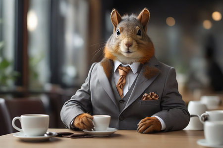 Fashionable Squirrel, dressed in a modern suit, sits at a table with a cup of coffee in a cafe during the day.の素材