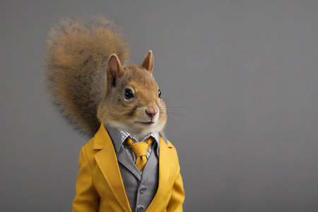Portrait of a squirrel in a suit and tie on a gray backgroundの素材
