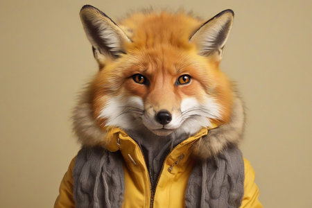 Portrait of a red fox in a yellow jacket on a neutral backgroundの素材