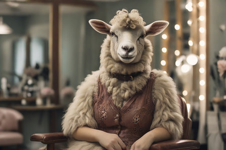 Sheep in the interior of a hairdresser's salonの素材