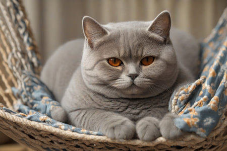 British shorthair cat in sunglasses lies in a hammock close-upの素材