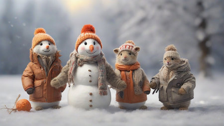 Joyful animals dressed in winter jackets make a snowman on a frosty sunny dayの素材