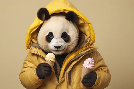 Portrait of panda bear in yellow jacket with ice cream.の素材