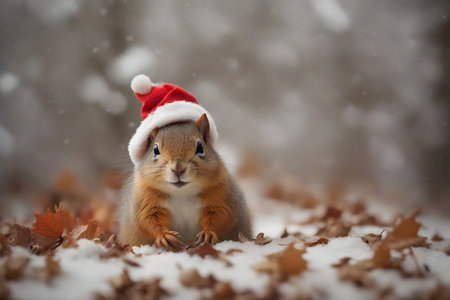Cute squirrel in Santa Claus red hat on snowfall background.の素材