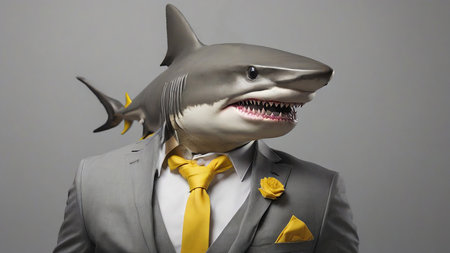 Photo of a fashionable shark in a suit yellow monochrome portraitの素材