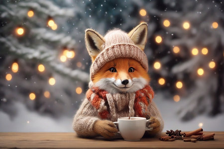 Cute fox with cup of hot tea on wooden table in winter forestの素材