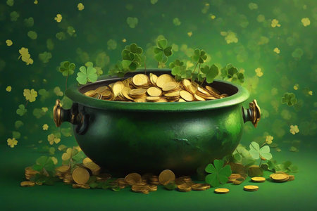 Pot of gold coins for St. Patrick's Day on green backgroundの素材