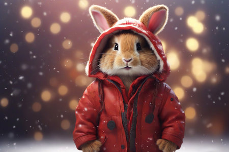 Cute little bunny in winter clothes on bokeh background.の素材