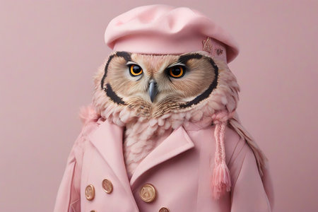 Fashion owl in coat and beret pink pastel colorの素材