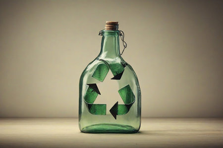 Glass bottle with recycle symbol on wooden table. Recycling conceptの素材