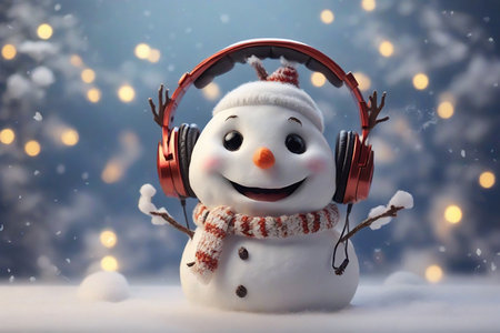 A snowman in musical headphones, listening to a winter melody, a cheerful greeting card for Christmas or new year.の素材