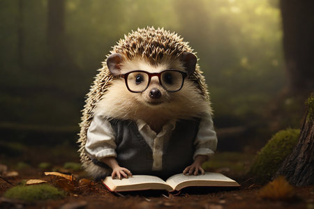 Hedgehog in glasses reading a book in the forest. Education concept.の素材