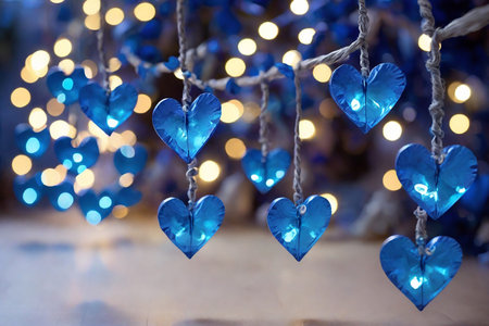 Bright blue hearts garlands with bokehの素材