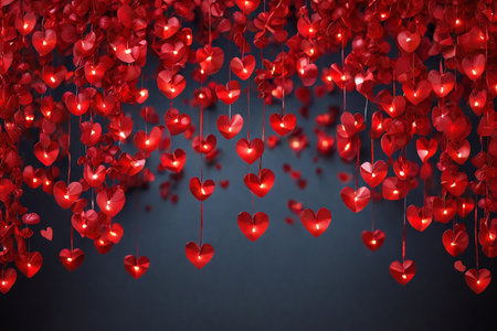 Valentines day background with red hearts on dark blue background.の素材