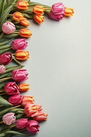 Bouquet of tulips on a gray background. Copy space.の素材