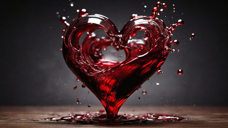 Heart made of red wine splashing out of the glass on wooden tableの素材