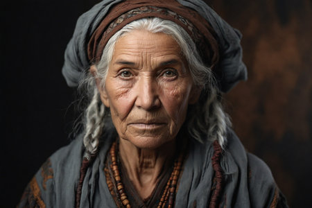 Portrait of a native old shaman in a traditional headscarf looking at the cameraの素材