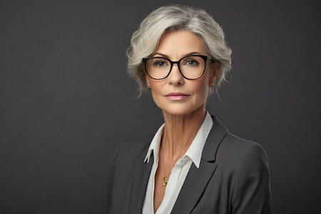 Portrait of a senior businesswoman wearing eyeglasses on gray backgroundの素材