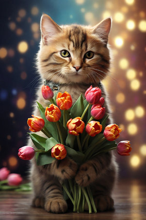 Cute kitten with bouquet of tulips on table on lights backgroundの素材