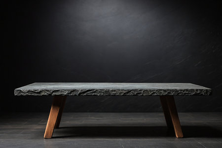 Empty dark stone shelf on black wall background. Mock up for designの素材